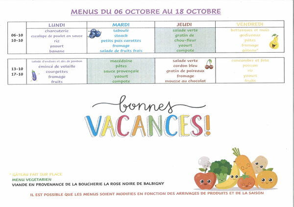 menu du 6 au 18oct